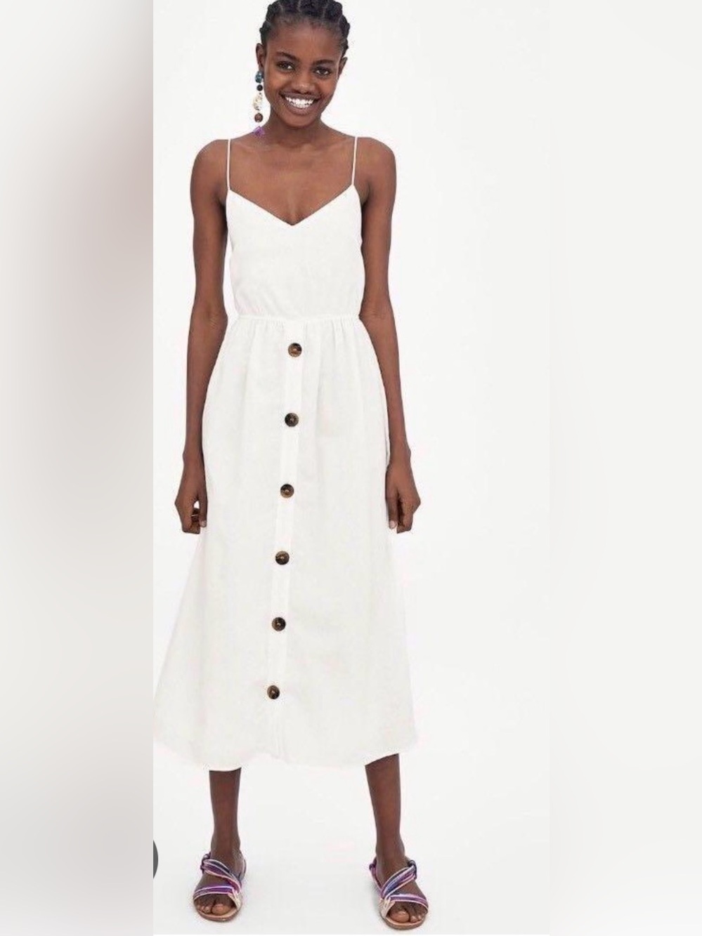 Zara White Spaghetti-Strap Button-Front Midi Dress